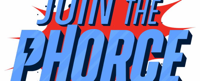 Join the Phorce logo featuring text and a starburst in red and blue.