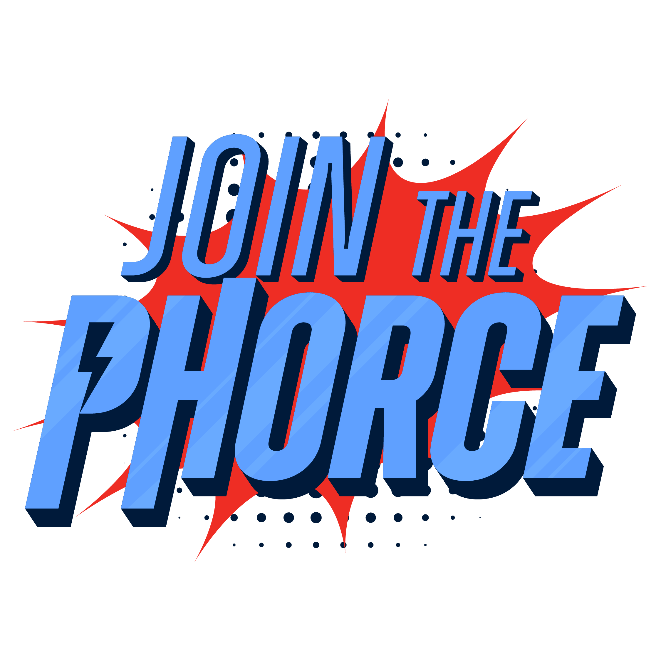 Join the Phorce logo featuring text and a starburst in red and blue.